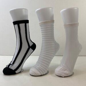 Womens Crew Socks Set 3 Sheer Stripes Solid White Black